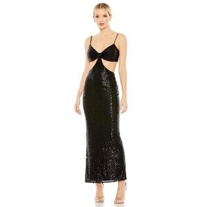 Ieena for Mac Duggal Dress Women's 10 Black Sequined Cut Out Waist Spaghetti